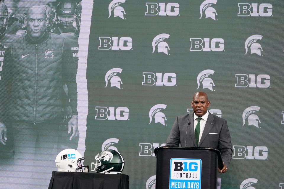 Michigan State football coach Mel Tucker talks to reporters at the Big Ten Conference media days at Lucas Oil Stadium, Wednesday, July 27, 2022, in Indianapolis.