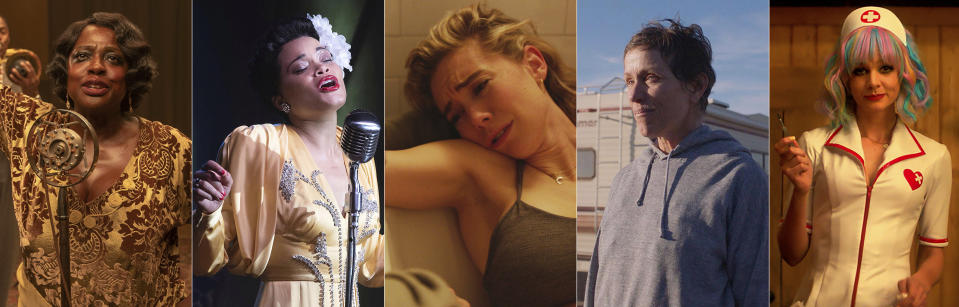 This combination photo shows Oscar nominees for best actress, from left, Viola Davis in "Ma Rainey's Black Bottom," Andra Day in "The United States vs Billie Holiday," Vanessa Kirby in "Pieces of a Woman," Frances McDormand in "Nomadland and Carey Mulligan in Promising Young Woman." (Netflix, from left, Hulu, Netflix, Searchlight Pictures, Focus Features via AP)