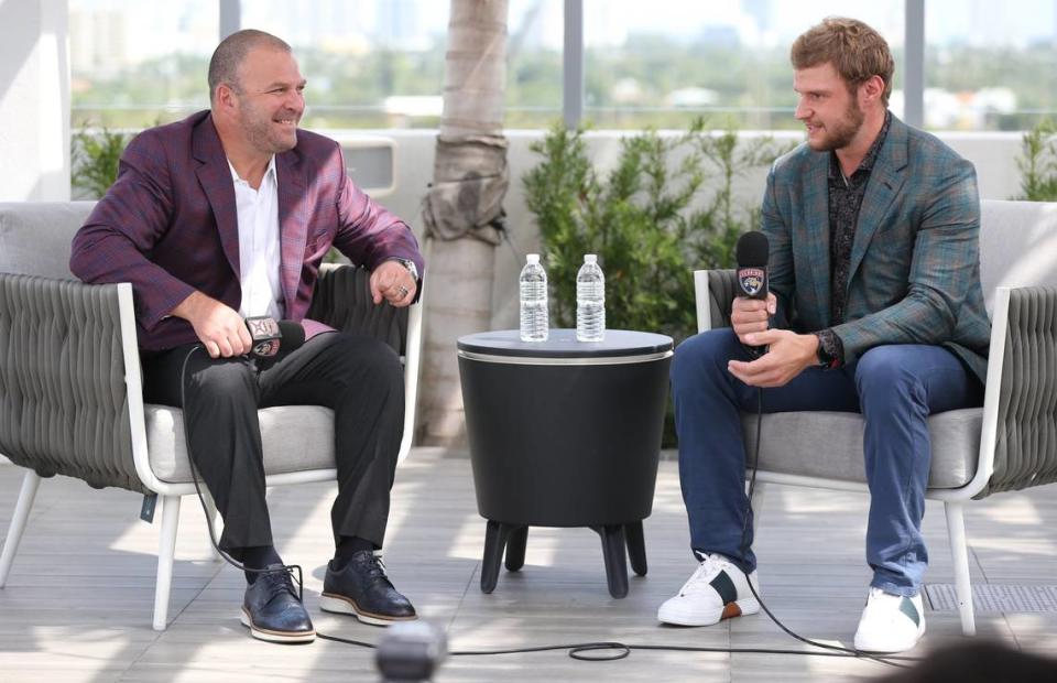 Florida Panthers General Manager Bill Zito speaks with Aleksander Sasha Barkov who signed an eight-year contract extension with the Panthers. The team captain settled the new deal at the Courtyard by Marriott in Fort Lauderdale on Friday, October 8, 2021.