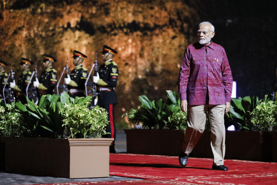 India's Prime Minister Narendra Modi arrives at the Welcoming Dinner during G20 Leaders' Summit at the Garuda Wisnu Kencana Cultural Park on Tuesday Nov. 15, 2022, in Badung, Bali, Indonesia. (Willy Kurniawan/Pool Photo via AP)