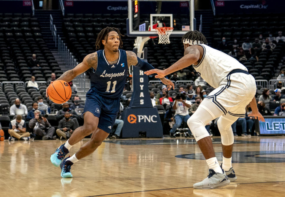 Longwood Lancers guard Justin Hill (11) is looking to lead the team to its first NCAA tournament berth. (Photo by Tony Quinn/Icon Sportswire via Getty Images)