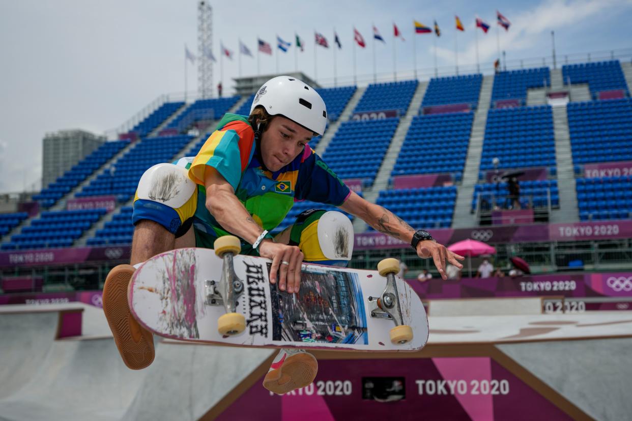 Luiz Francisco of Brazil takes part in a men's park skateboarding practice session at the 2020 Summer Olympics, Monday, Aug. 2, 2021, in Tokyo, Japan.