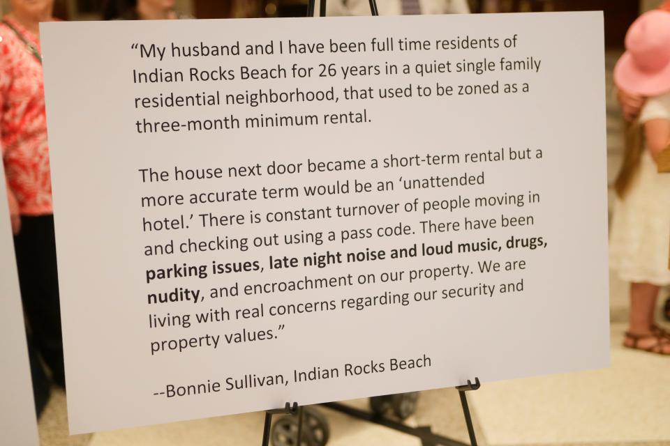 The experience of Bonnie Sullivan, an Indian Rocks Beach resident is displayed during a news conference held to express opposition to Senate Bill 824 and House Bill 987 which would put regulation of vacation rentals in the hands of the state instead of local governments at the Capitol Wednesday, April 10, 2019. 