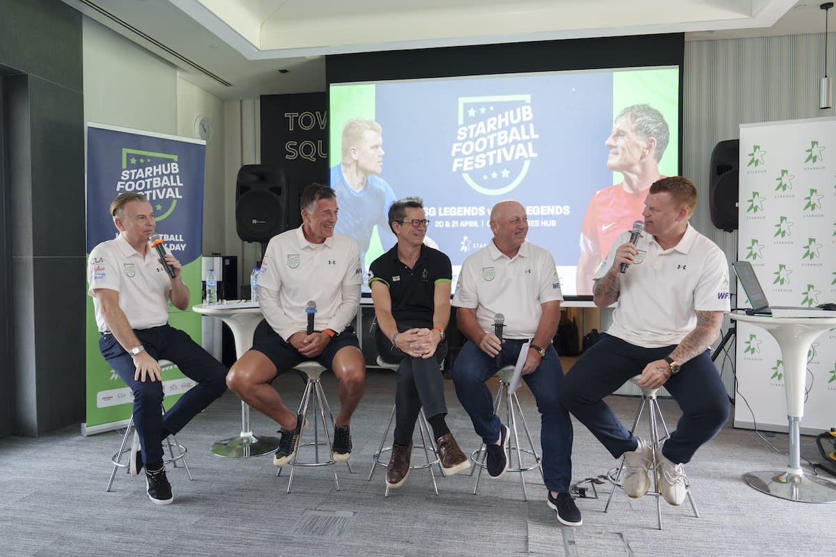 Announcing the StarHub Football Festival at Our Tampines Hub are: (from left) host John Dykes, ex-Lion Aleksandar Duric, StarHub's vice-president of entertainment Yann Courqueux, WFL founder Ian Holahan and ex-Liverpool star John Arne Riise. (PHOTO: StarHub Football Festival)