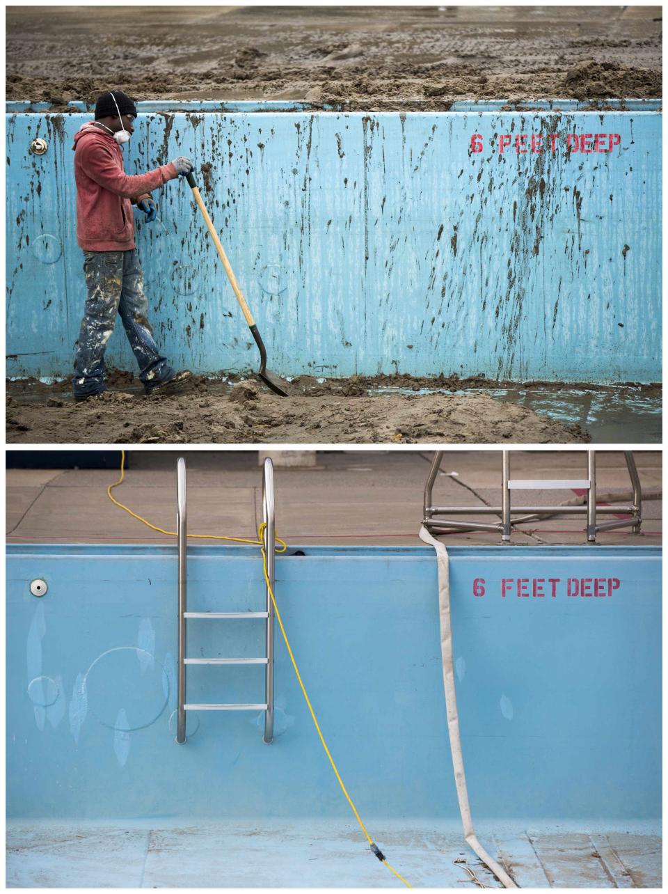 A combination photo shows a man working to clean a swimming pool left filled with sand deposited by the storm surge of Superstorm Sandy and the same pool repaired in the Rockaway Beach neighborhood of the Queens