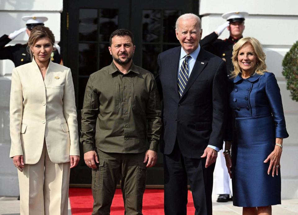 PHOTO: President Joe Biden and First Lady Jill Biden welcome Ukrainian President Volodymyr Zelensky and First Lady Olena Zelenska at the South Portico of the White House in Washington, DC, Sept. 21, 2023. (Saul Loeb/AFP via Getty Images)