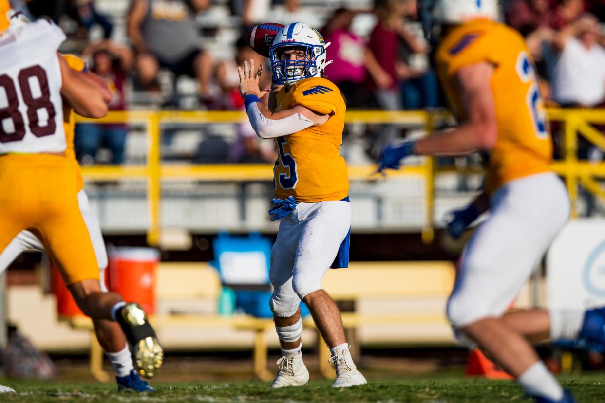 Lubbock Christian quarterback Bax Townsend (15) passes the ball against Kermit, Friday, Aug. 26, 2022, at Lena Stephens Field at Lubbock Christian High School.