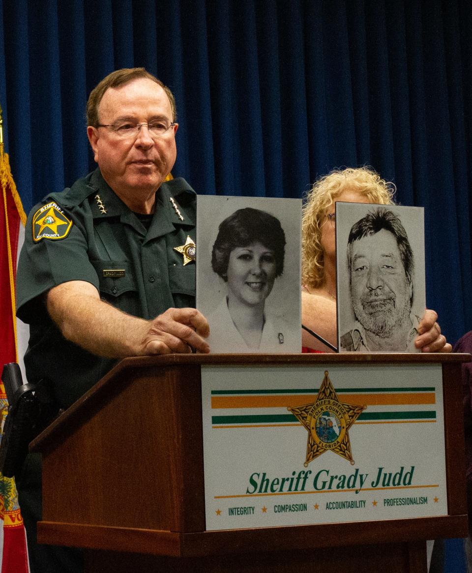 Polk County Sheriff Grady Judd displays photos of Teresa Scalf and Donald Douglas, the man identified as her killer, at a news conference Monday.