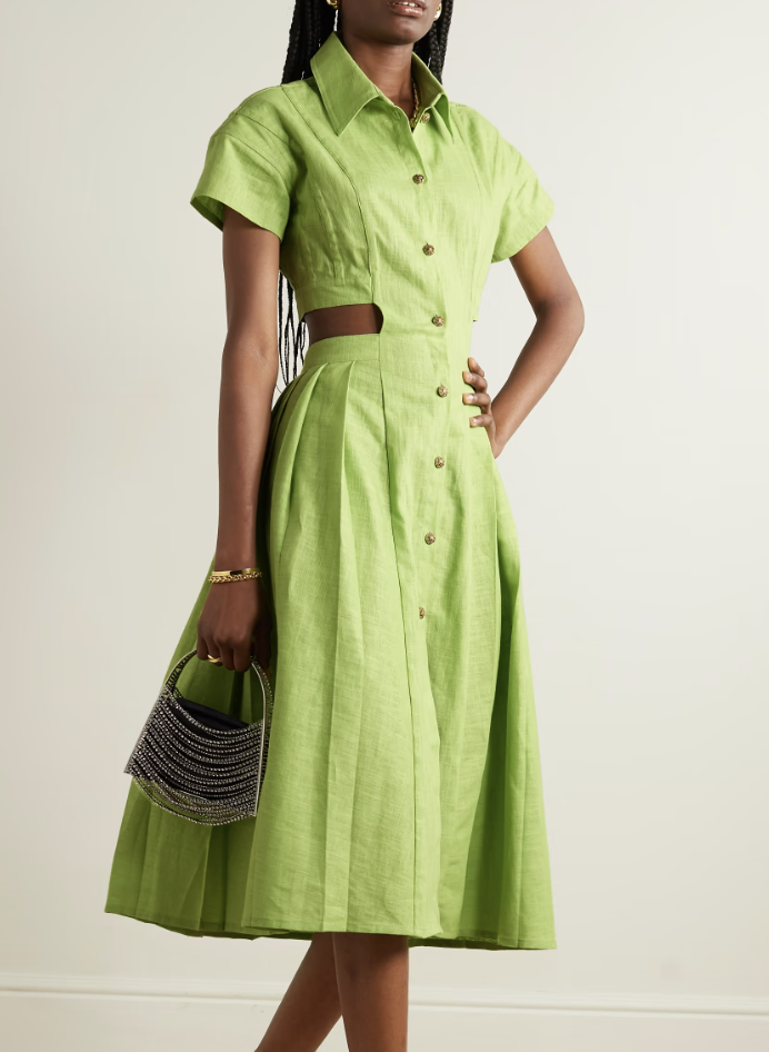 [Exclusive] Tolu Coker The Vanguard cutout pleated linen-gauze midi shirt dress. PHOTO: PHOTO: Net-a-porter 