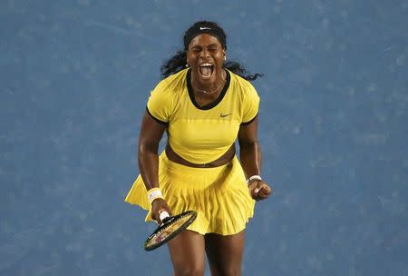 Serena Williams of the U.S. reacts during her final match against Germany's Angelique Kerber at the Australian Open tennis tournament at Melbourne Park, Australia, January 30, 2016. REUTERS/Jason Reed