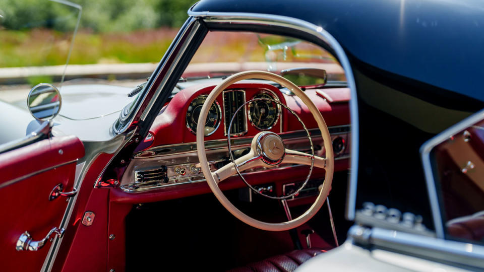 A peek at the interior of a fully restored 1962 Mercedes-Benz 300 SL Roadster.