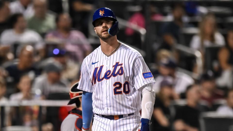 Aug 12, 2023; New York City, New York, USA; New York Mets first baseman Pete Alonso (20) reacts after striking out during the sixth inning against the Atlanta Braves at Citi Field. Mandatory Credit: John Jones-USA TODAY Sports