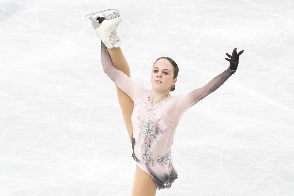 Julia Lang of Hungary performs during the women's short program in the World Figure Skating Championships in Saitama, north of Tokyo, Wednesday, March 22, 2023. (AP Photo/Hiro Komae)