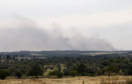 Smoke rises over fields after shelling during fighting between pro-Russian separatists and Ukrainian forces near the eastern Ukrainian town of Ilovaysk August 28, 2014. REUTERS/Maxim Shemetov