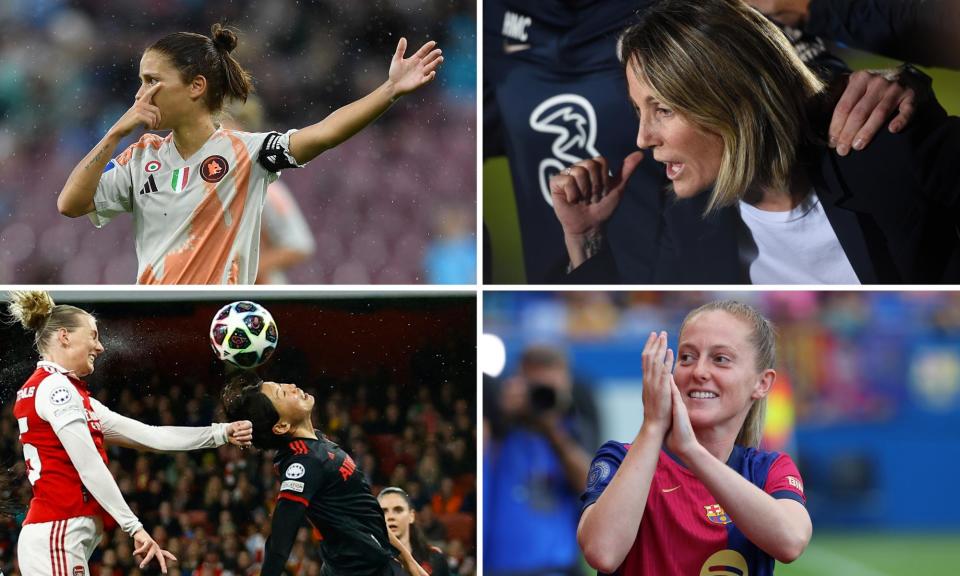 <span>Clockwise from top left: Roma’s Manuela Giugliano, the Chelsea manager Sonia Bompastor, Keira Walsh of Barcelona and Arsenal’s Stina Blackstenius.</span><span>Composite: AS Roma/Getty Images; Chelsea FC/Getty Images; Urbanandsport/NurPhoto/Getty Images; Action Images/Reuters</span>