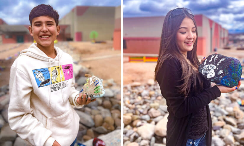 Ivan Arvizu and Nicole Fierro display their ceremonial rocks as part of their annual academic recognition celebration. (Jillian Kuhlmann/KnowledgeWorks) 