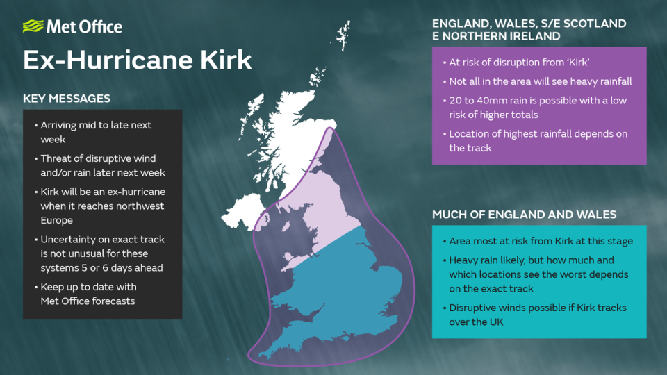 A graphic released by the Met Office details which parts of the UK will be hit by the after-effects of Hurricane Kirk (Met Office)