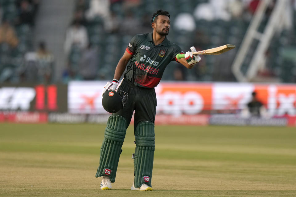 Bangladesh's Najmul Hossain Shanto celebrates after scoring century during the Asia Cup cricket match between Bangladesh and Afghanistan in Lahore, Pakistan, Sunday, Sept. 3, 2023. (AP Photo/K.M. Chaudary)