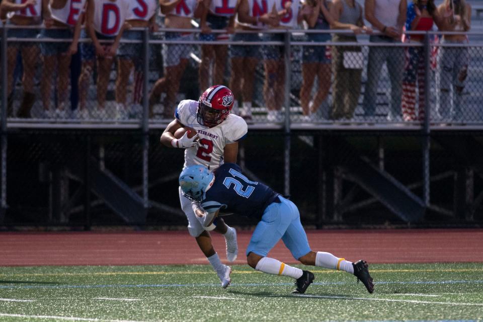 Neshaminy senior Markus Barnett scores a touchdown at North Penn High School on Friday, Sept. 16, 2022. The Knights prevailed in overtime 35-28.