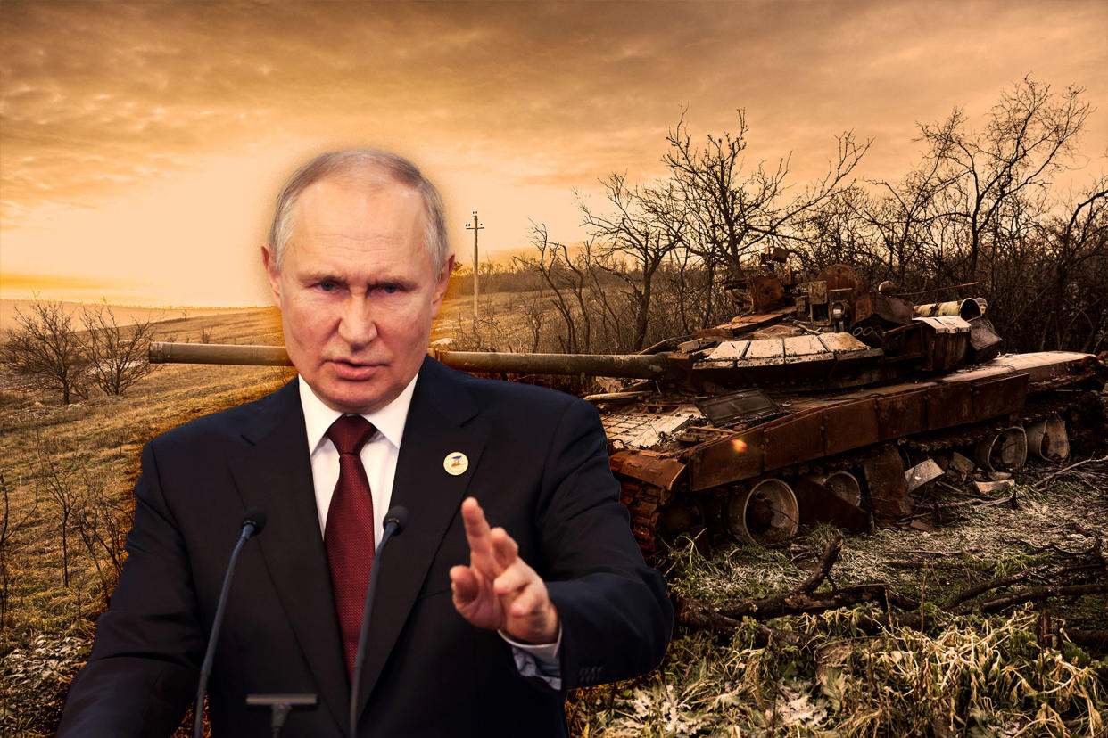 Russian President Vladimir Putin; Destroyed Russian tank in the village of Bohorodychne, eastern UkrainePhoto illustration by Salon/Getty Images