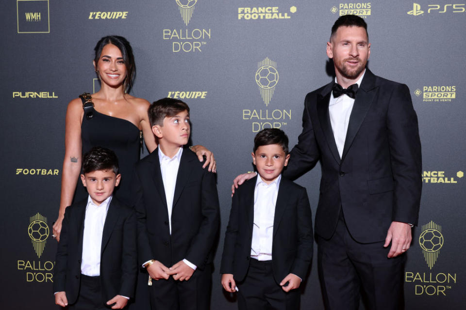 Antonela Roccuzzo and Lionel Messi with sons Thiago Messi, Mateo Messi Roccuzzo and Ciro Messi Roccuzz on Oct. 30 at the 2023 Ballon D'Or Photocall in Paris.