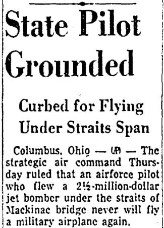 A clipping of a news article from the Dec. 11, 1959, issue of the Grand Rapids Press. The headline reads: "State Pilot Grounded, Curbed for Flying Under Straits Span." (Courtesy NewsBank)