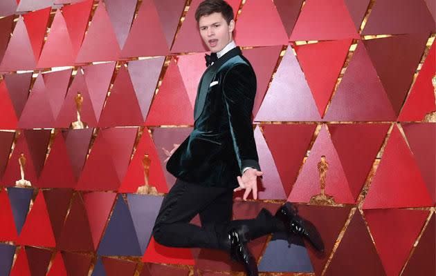 Nothing was gonna keep Baby Driver in a corner. Ansel Elgort jumps for joy. Source: Getty