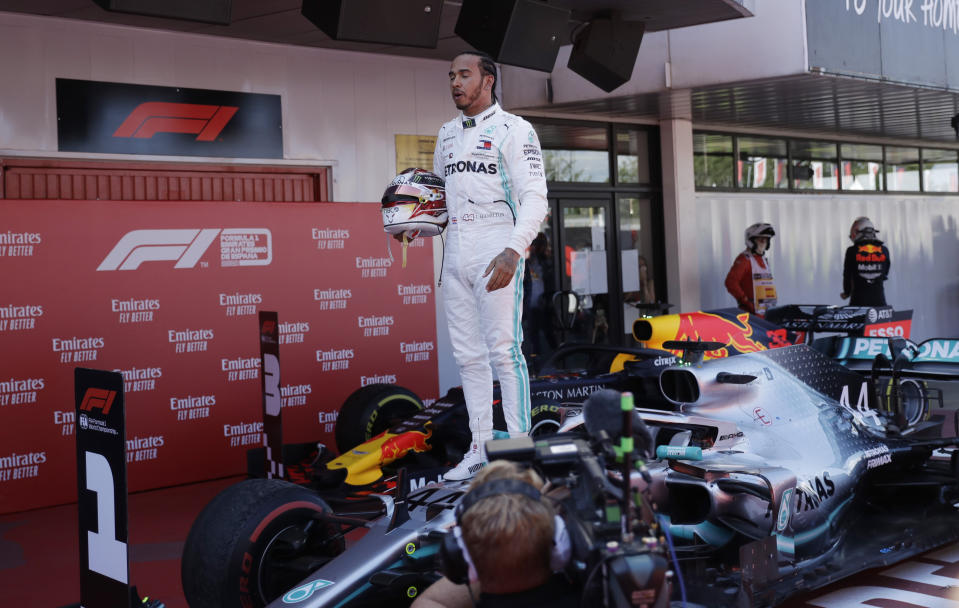 Mercedes driver Lewis Hamilton of Britain celebrates after winning the Spanish Formula One race at the Barcelona Catalunya racetrack in Montmelo, just outside Barcelona, Spain, Sunday, May 12, 2019. (AP Photo/Emilio Morenatti)