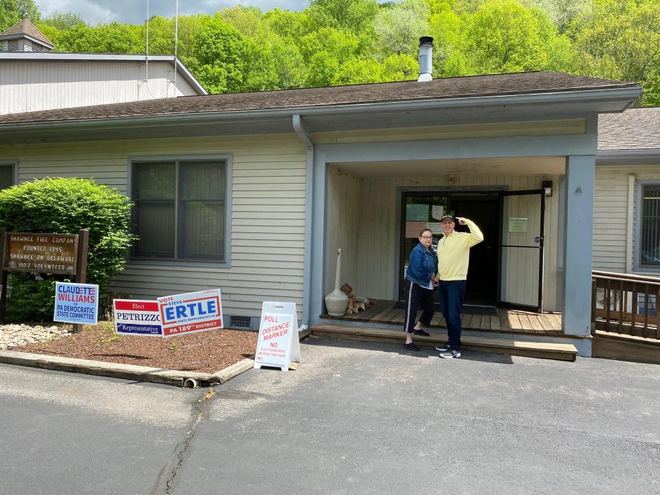 Republican voter Ed Kuschner of Shawnee-On-Delaware points out his Dr. Nche Zama campaign hat on Tuesday, May 17, 2022. Kuschner said he supported Zama for governor because he had lost his business to "Tom Wolf." Kuschner called Zama an "outsider" that "couldn't be bought."