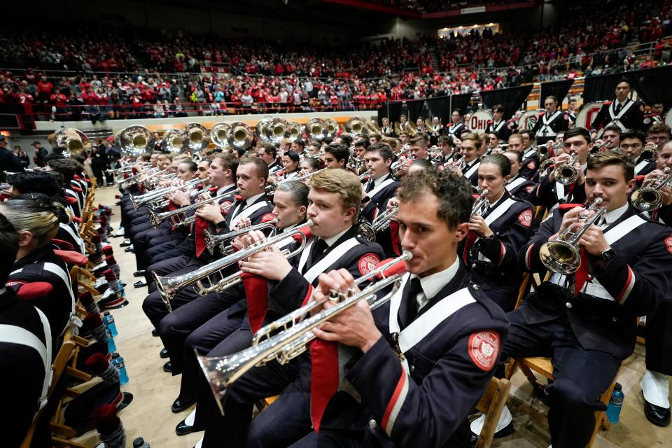 Nov 12, 2022; Columbus, Ohio, USA; The OSU Marching Band performs at the Skull Session before the NCAA Division I football game between the Ohio State Buckeyes and the Indiana Hoosiers at Ohio Stadium. Mandatory Credit: Brooke LaValley/Columbus Dispatch