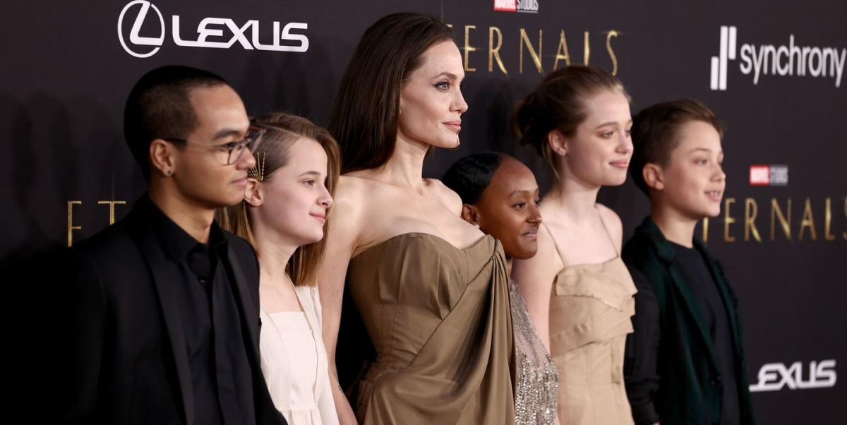 Angelina Jolie Attends LA Premiere of 'Eternals' With Her Kids, Wearing  Balmain Resort 2022 Brown Draped Corset and Pants Look + Zahara Jolie-Pitt  Rocks Mom's 2014 Oscars Dress by Elie Saab –