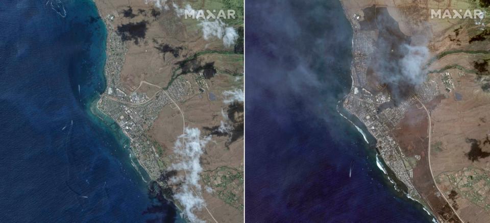 This combination of satellite images provided by Maxar Technologies shows an overview of Lahaina on Maui, Hawaii, on 25 June 2023 (left) and an overview of the same area on Wednesday, 9 August, following the wildfire that tore through the heart of the Hawaiian island (Maxar Technologies via AP)