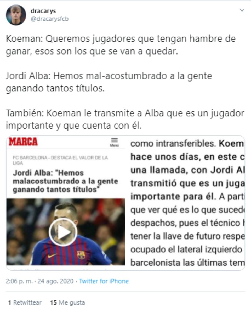 Enfado entre los culés porque Ronald Koeman cuente con Jordi Alba