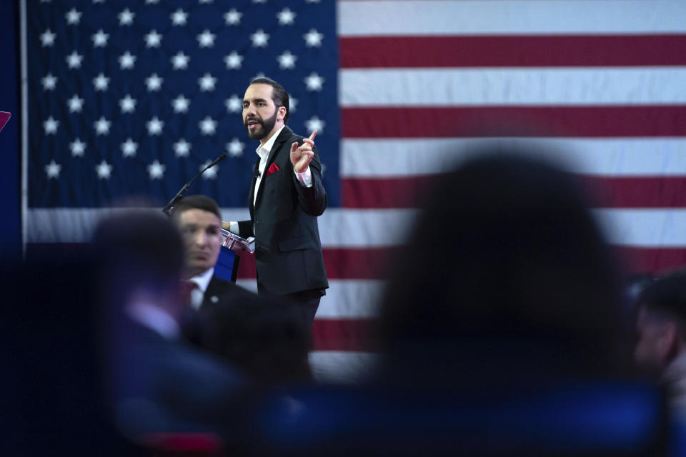 El Salvador's President Nayib Bukele speaks during the Conservative Political Action Conference, CPAC 2024, at the National Harbor, in Oxon Hill, Md., Thursday, Feb. 22, 2024. The Republican Party is aligning with Latin American populists as a way of injecting star power and the political landscape of immigrants' home countries into this year's U.S. election. (AP Photo/Jose Luis Magana, File)