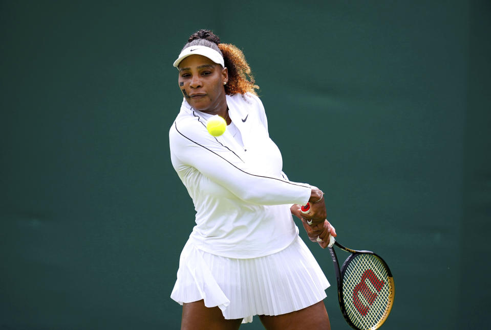 Serena Williams of the US during a practice session ahead of the 2022 Wimbledon Championship at the All England Lawn Tennis and Croquet Club, Wimbledon, London, Saturday, June 25, 2022. (John Walton/PA via AP)