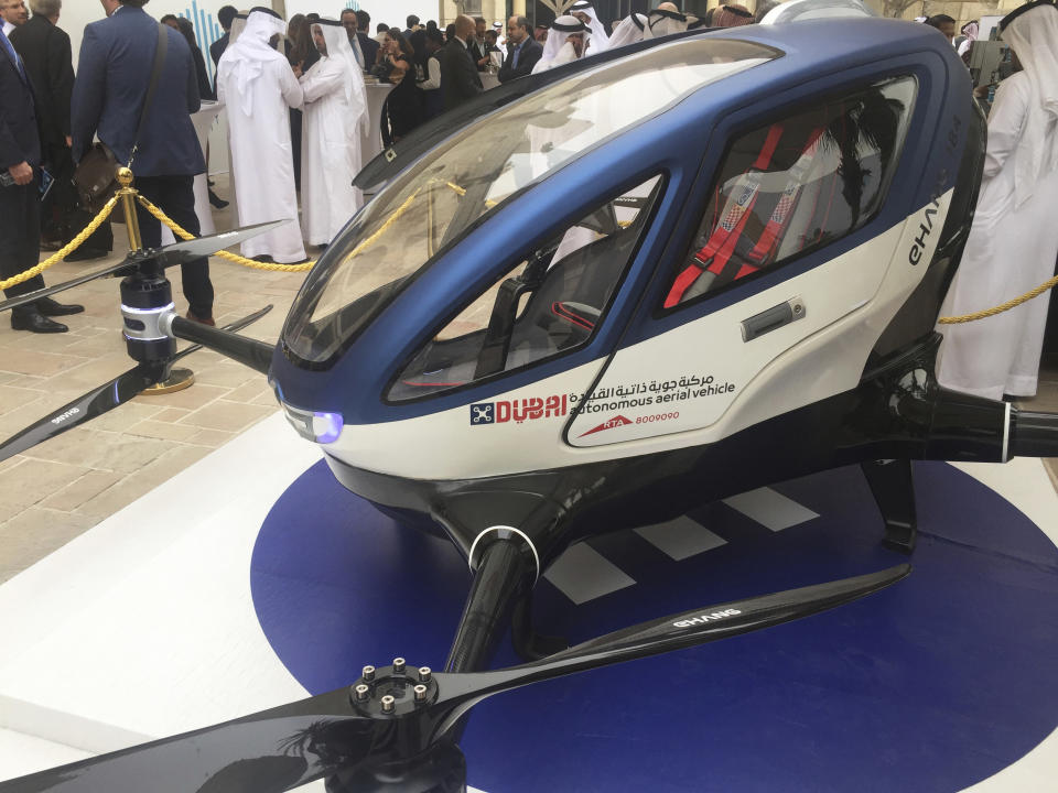 Brisbane could soon have drone taxis as personal transport drones are flagged for possible trials and testing this year (pictured is a Dubai drone taxi). Source: AAP