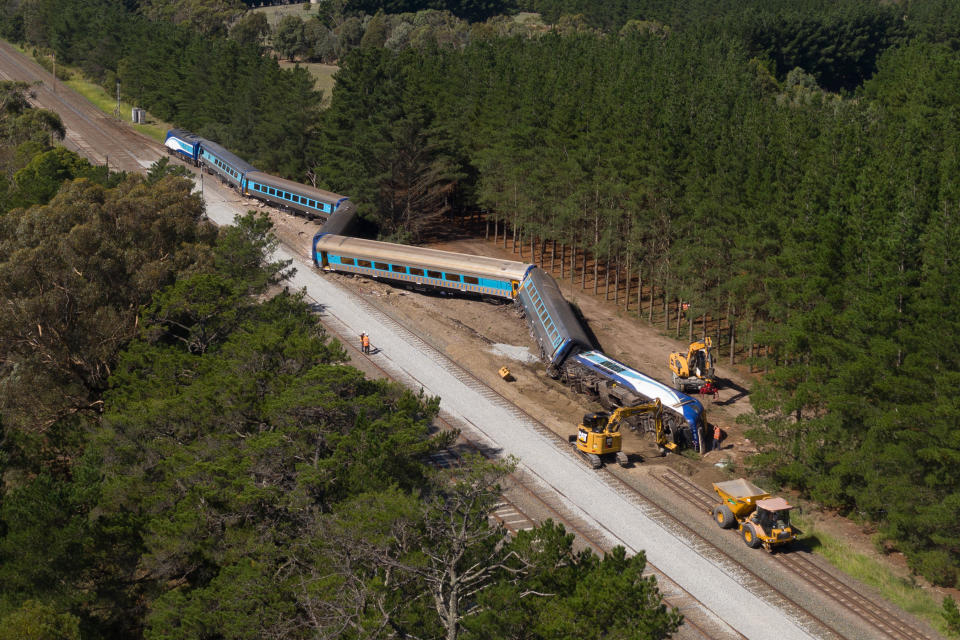 Picture of the XPT train derailment site in Walllan, as authorities try to remove the wreck.