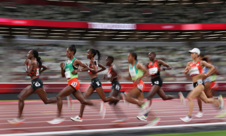 Olympic runners including Kenya's Agnes Jebet Tirop during the 2020 Olympics.