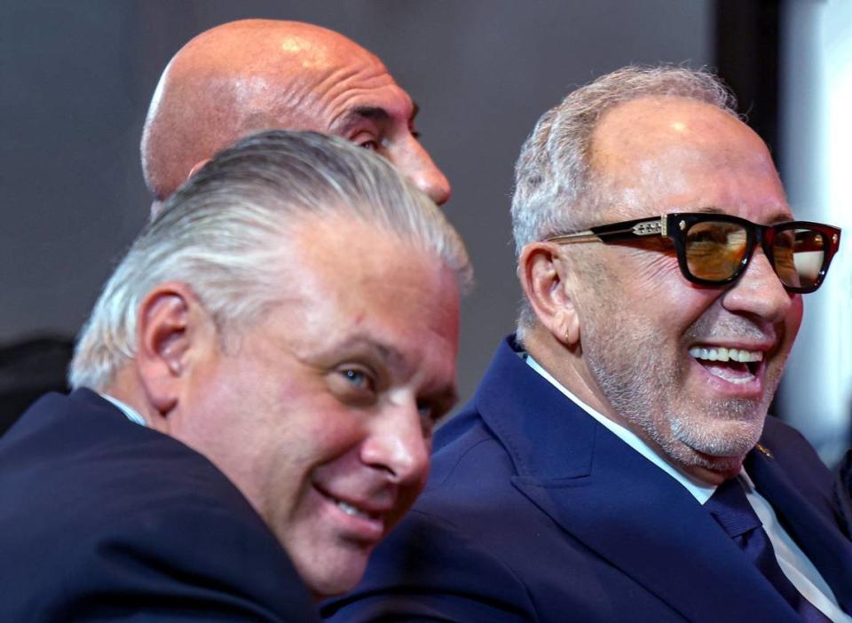 Music mogul Emilio Estefan, right, smiles as Manuel Abud, CEO of the Latin Recording Academy, announced the Latin Grammy coming to Miami in November, 2024 during a press conference at the Kaseya Center in Miami, Florida on Wednesday, April 17, 2024. Carl Juste/cjuste@miamiherald.com