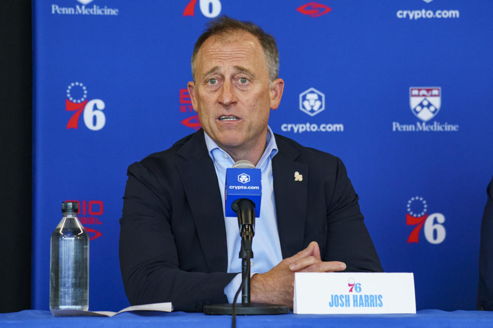 Philadelphia 76ers owner Josh Harris takes questions from the media during a press conference at the NBA basketball team's facility, Thursday, June 1, 2023, in Camden, N.J. (AP Photo/Chris Szagola)