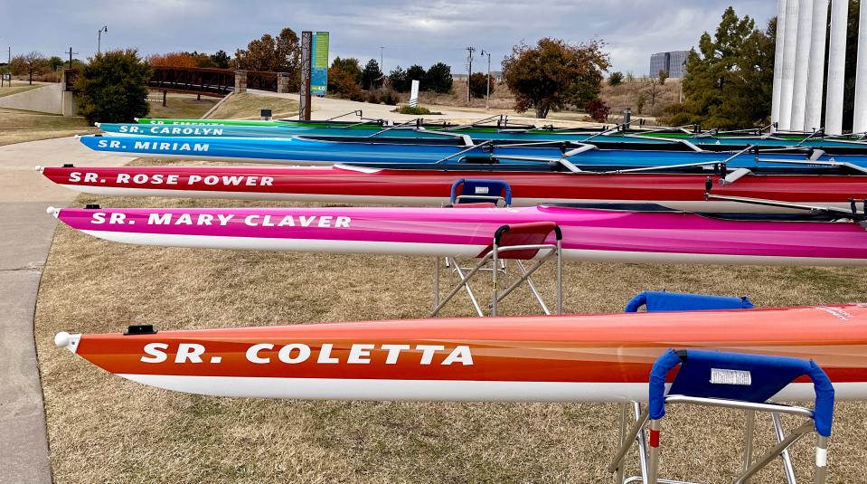 A fleet of boats named for six religious sisters in the Sisters of Mercy religious order are shown on Saturday outside the Chesapeake Boathouse in Oklahoma City.