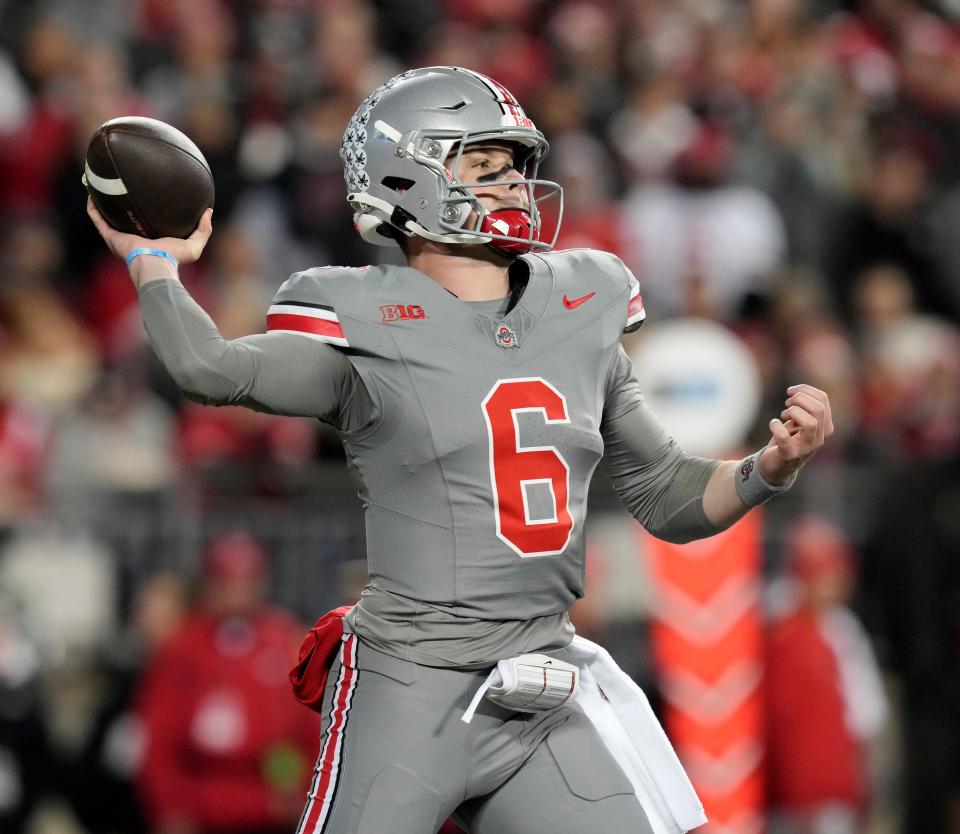 Nov. 11, 2023; Columbus, Oh., USA; 
Ohio State Buckeyes quarterback Kyle McCord (6) thows a pass during the first half of Saturday's NCAA Division I football game against the Michigan State Spartans.