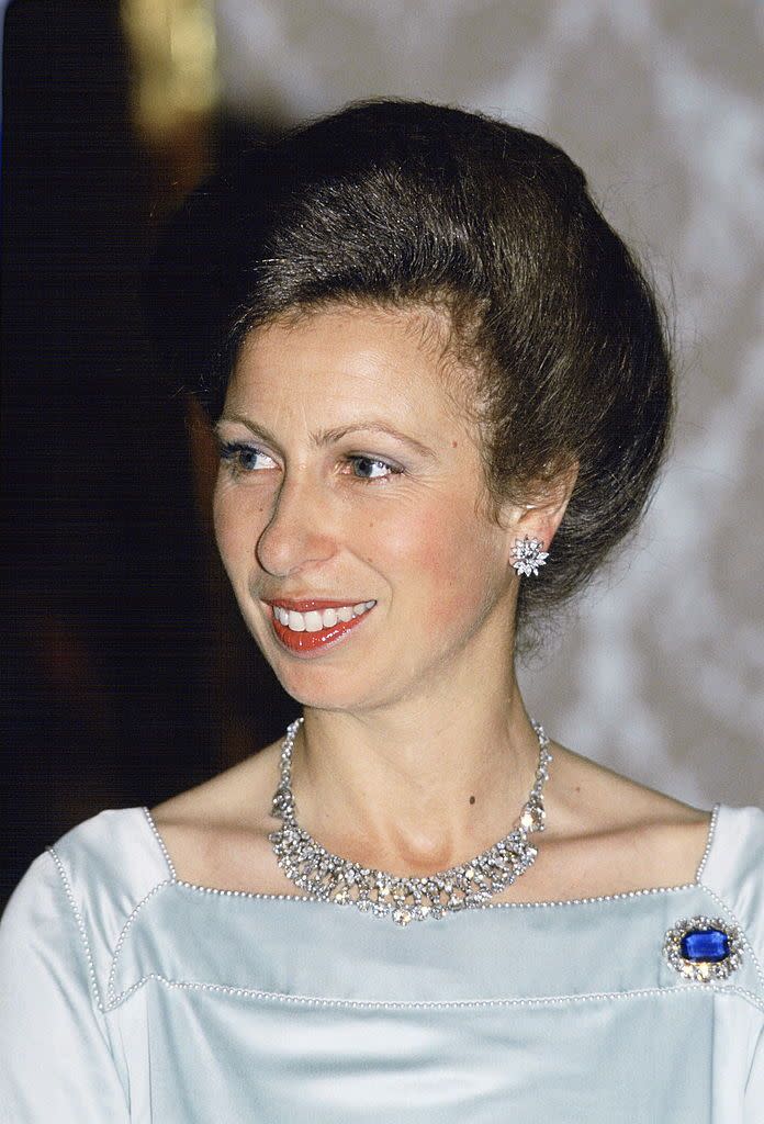 <p>Princess Anne has certainly inherited her mother’s love of a good brooch, and this eye-catching sapphire and diamond one that she wore to a banquet in Dubai in the mid 1980s is a particularly brilliant example. </p><p>It is a copy of the famous sapphire pin that Prince Albert gave to Queen Victoria on the eve of their wedding in 1840. According to Royal lore, he also had copies made to give to his daughters – though accounts do differ, and it may be that only one copy was made. </p><p>However many copies there are, this particular one was given to Princess Anne by the Queen and it perfectly complements the pastel blue dress and suite of shimmering diamonds that she wore to the gala. </p>