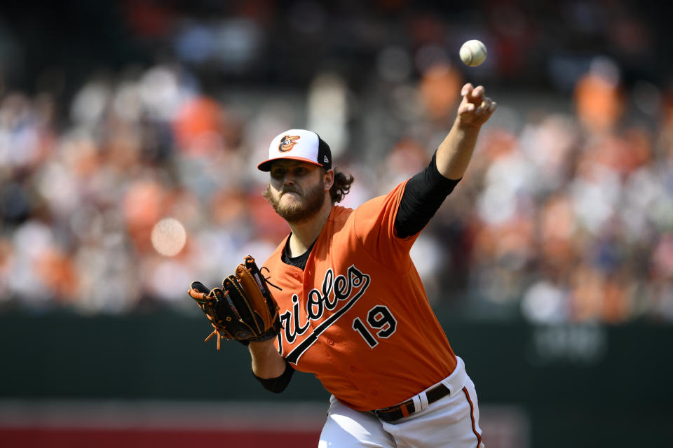 Baltimore Orioles starting pitcher Cole Irvin throws during the first inning of a baseball game against the Kansas City Royals, Saturday, June 10, 2023, in Baltimore. (AP Photo/Nick Wass)