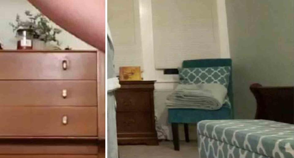 A brown cabinet is pictured on the left and on the right is a photo of a green chair with a cushion and blanket on it.