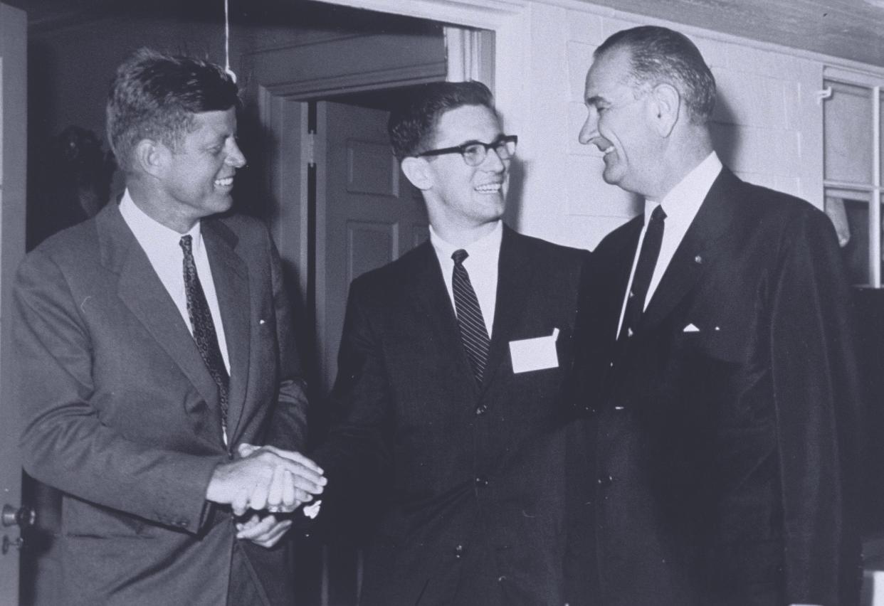 Neal Spelce with John F. Kennedy and Lyndon B. Johnson  on July 30, 1960, in Hyannis Port, Massachusetts. Spelce joined LBJ's family-owned KTBC TV station in 1956.