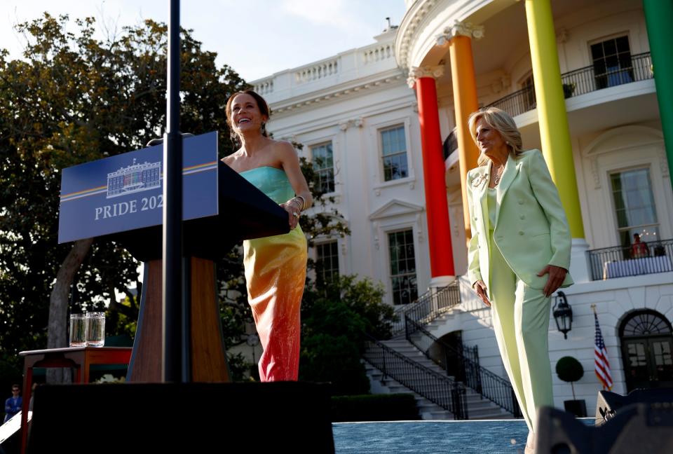 WASHINGTON, DC - JUNE 26: Ashley Biden, the daughter of U.S. President Joe Biden speaks alongside first lady Jill Biden at a Pride celebration on the South Lawn of the White House on June 26, 2024 in Washington, DC. The first lady's office hosted the event to honor Pride Month. (Photo by Anna Moneymaker/Getty Images)