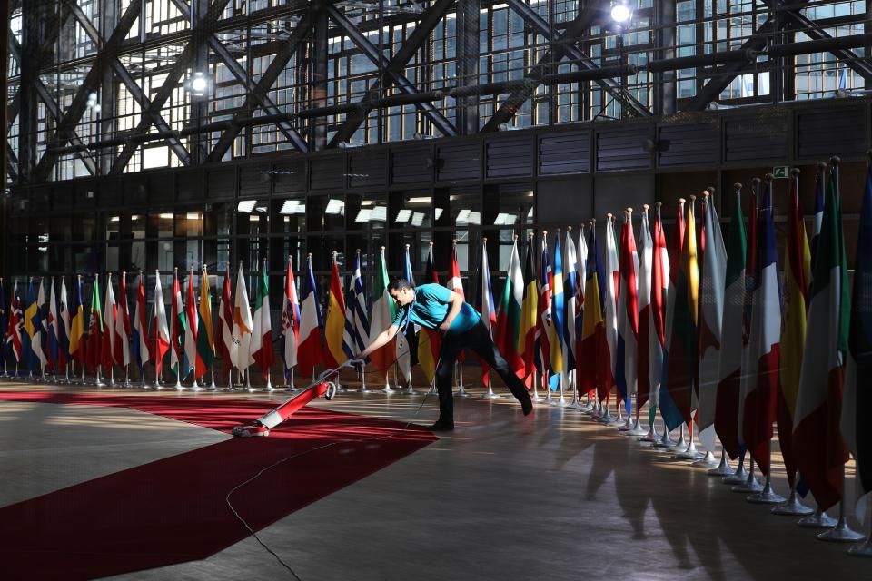 <p>The red carpet is swept at the Council of the European Union ahead of an EU Council meeting in Brussels to discuss the continuing Brexit negotiations. (Photo by Dan Kitwood/Getty Images) </p>