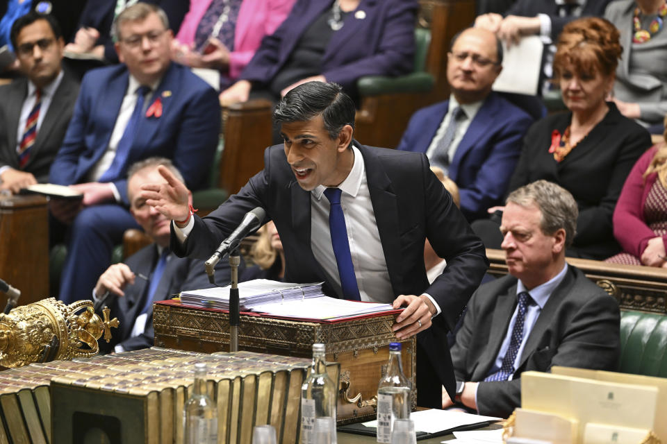 In this photo provided by UK Parliament, Britain's Prime Minister Rishi Sunak speaks during Prime Minister's Questions in the House of Commons, London, Wednesday, Nov. 29, 2023. (UK Parliament/Jessica Taylor via AP)