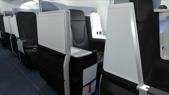 Lie-flat seats in the premium cabin of a Mint-equipped A321 aircraft